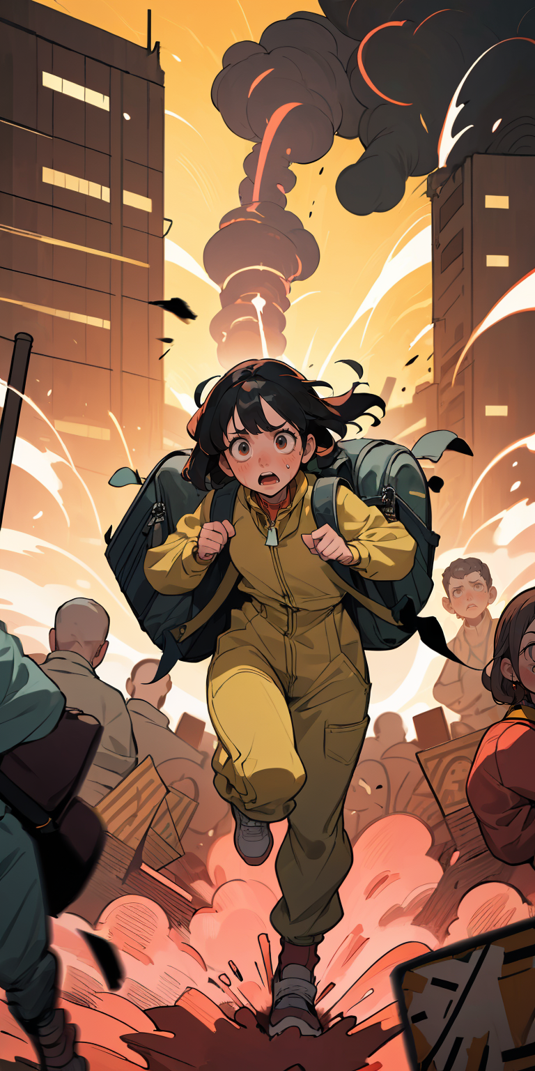 01771-3077615260-(best quality, masterpiece), 1girl, Burning city, evacuees, crowds, bangs, jumpsuit, running, Desperation, hopelessness, chaos,.png